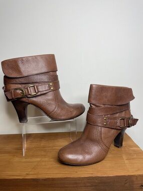 Women's Brown Leather Ankle Booties with Buckle Detail